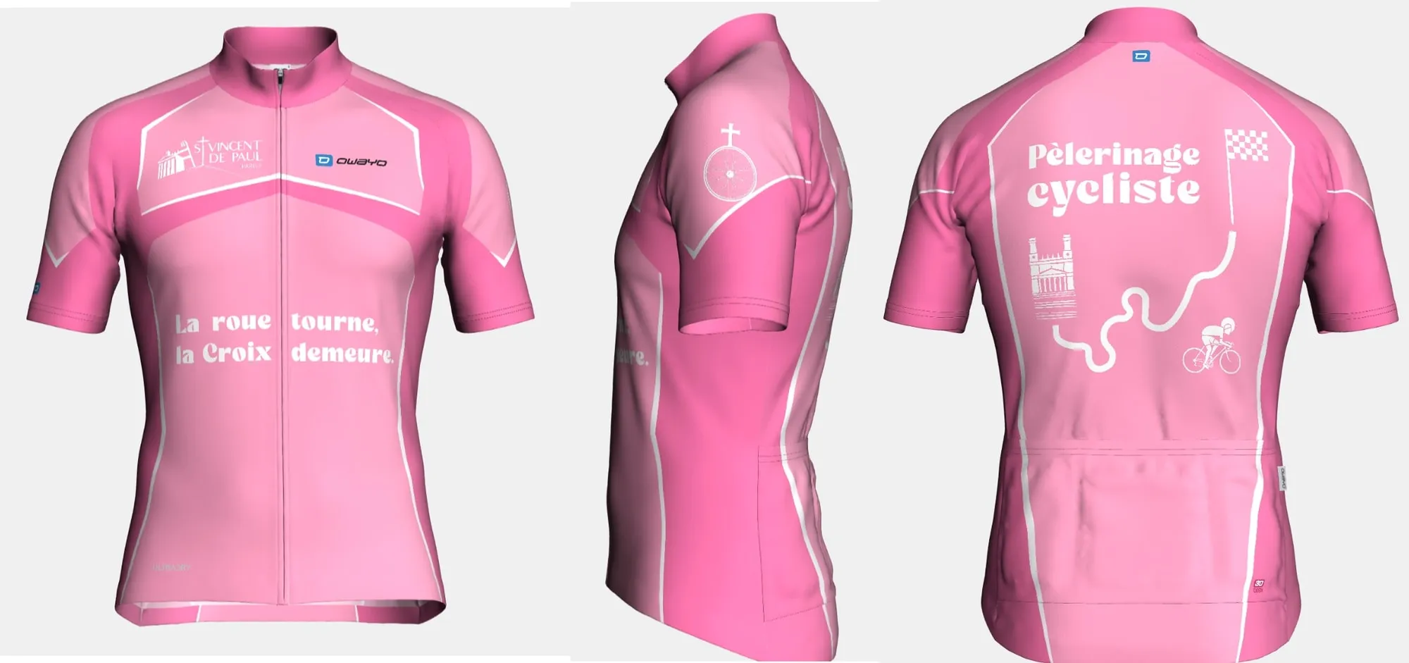 Le maillot rose du pèlerinage cycliste, de face, de profil et de dos